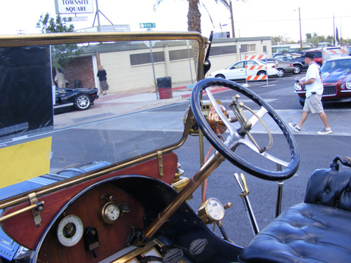 picture of a 1911 Cadillac through the front windshield