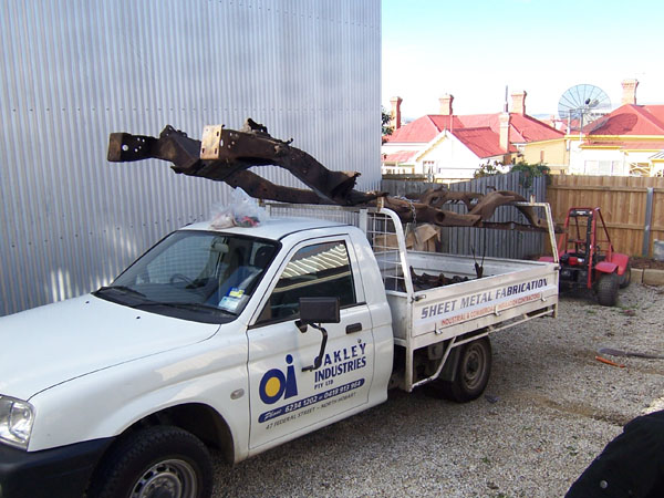 Pauls huge Cadillac frame on his pickup truck.