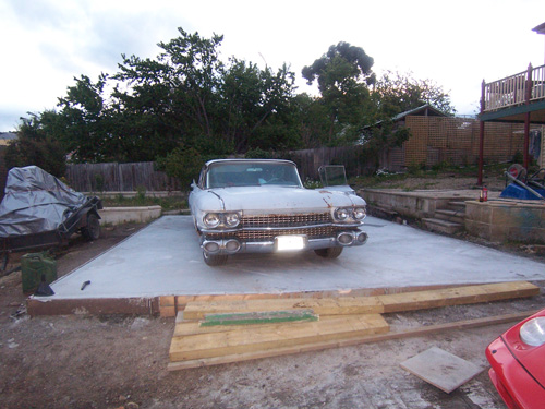 1959 Cadillac sitting on new concrete floor