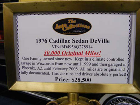 1976 sign with information about this 1976 cadillac sedan deville