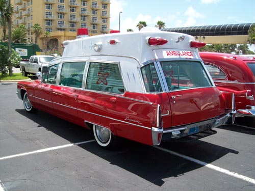 Red and White Cadillac ambulance
